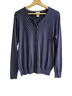 L.L. Bean Cotton Classic Cotton Cardigan Navy Blue Polka Dot (Size Med, Tag XL)